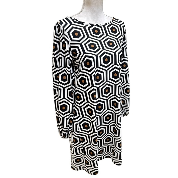 Jude Connally Black, brown & White geometric balloon long Sleeve Dress large - Picture 3 of 10